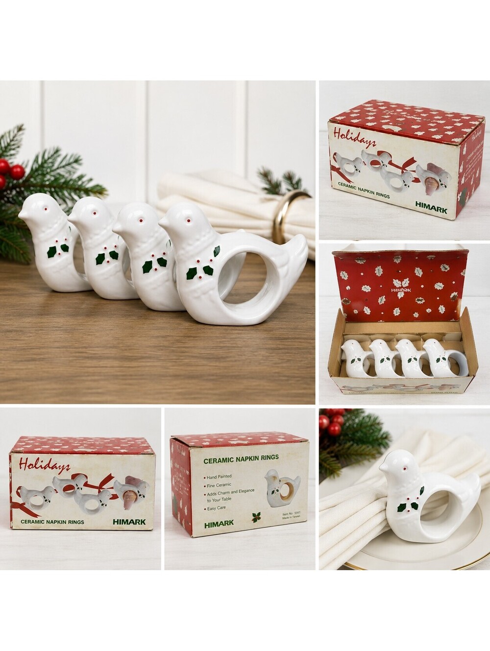 4 Vtg Christmas Dove w/Holly Napkin Rings HIMARK White Bone China Holiday in box